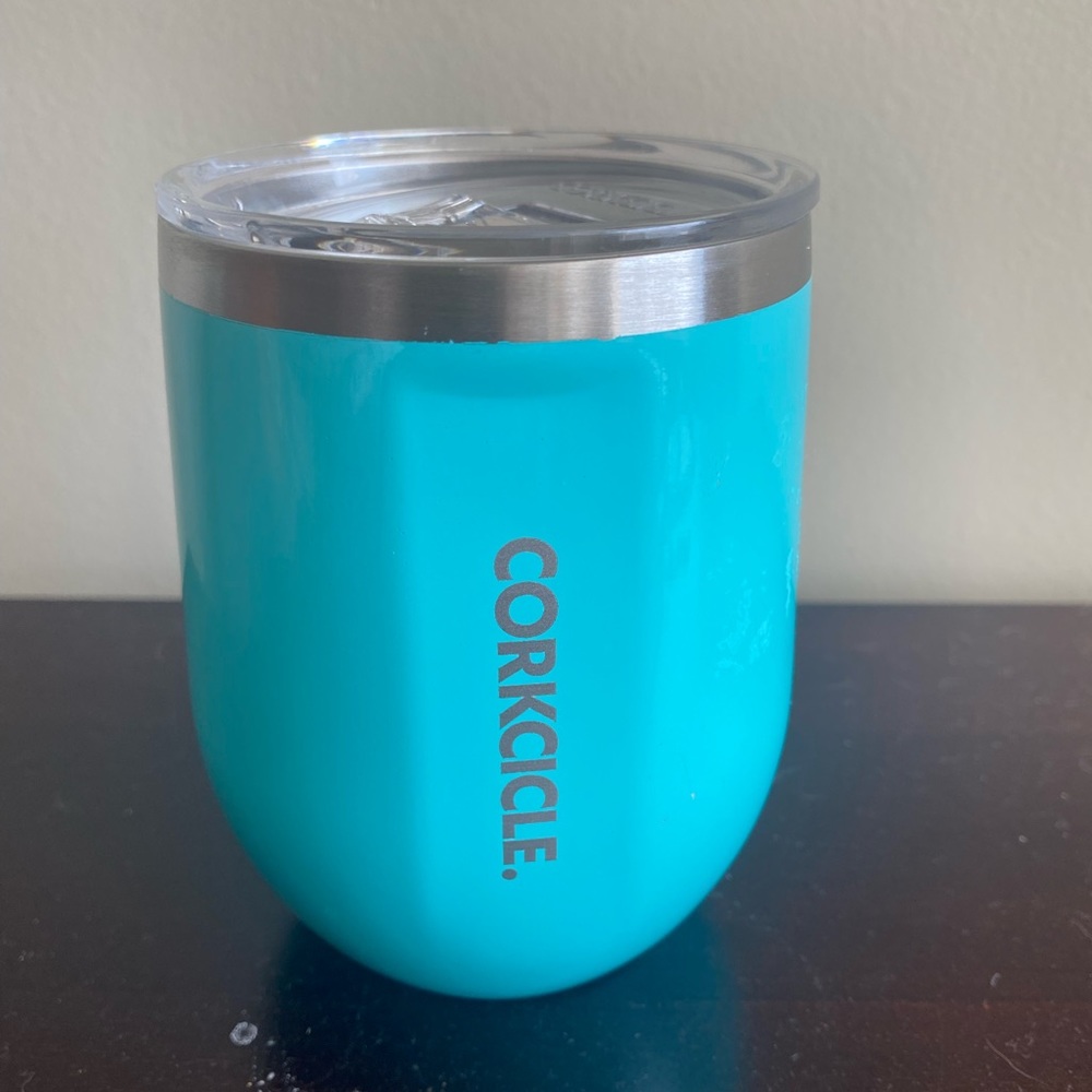 12oz Tiffany blue Corkcicle stemless wine/drink holder. Small ULINE logo on back